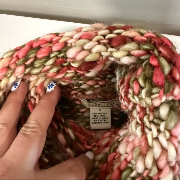 Y2K Maurices Chunky Knit Crochet Turtleneck Sweater Pullover Pink Green Tan S - Picture 6 of 6